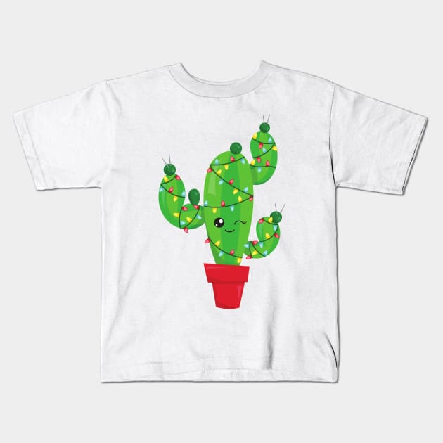 Christmas Cactus, Christmas Lights, Cute Cactus Kids T-Shirt by Jelena Dunčević